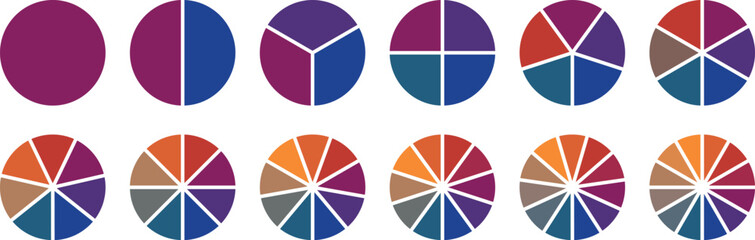 Circle pie chart diagram. Pie chart color icons. Circle section graph. 1,2,3,4,5,6,7,8,9,10 segment infographic. Colorful diagram collection. Vector illustration