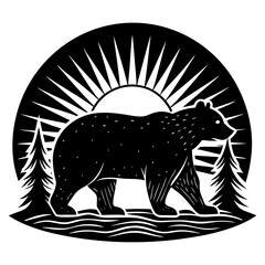 Fototapeta premium American Black Bear Silhouette Vector with Sun and Horizon Background