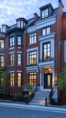 Fototapeta premium Elegant Brick Row Houses At Dusk With Symmetrical Facade Architecture and Soft Lighting Creating Welcoming Ambiance