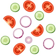 Fresh slices of tomato, cucumber, and onion arranged on a white background. Perfect for food, salad, or healthy lifestyle themes.