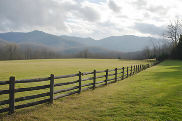 Obraz premium Rustic wooden fence stretches across a grassy field with distant mountains.