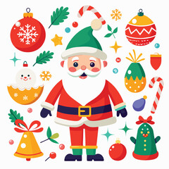 a festive assortment of Christmas icons, from Santa and snowmen to gingerbread men and twinkling stars on white  background