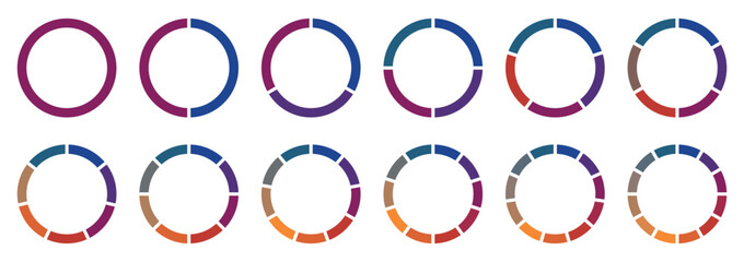 Pie chart color icons. Circle pie chart diagram. Circle section graph. 1,2,3,4,5,6,7,8,9,10 segment infographic. Colorful diagram collection. Vector illustration