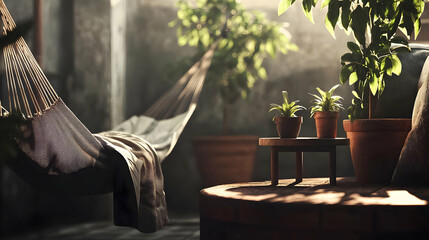 Rustic Interior With Hammock And Plants In Sunlight