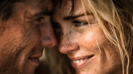 A close-up portrait shows a man and woman's faces touching, dirt smudged on their skin, conveying intimacy and shared experience.