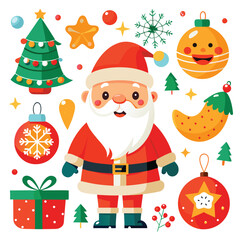 a festive assortment of Christmas icons, from Santa and snowmen to gingerbread men and twinkling stars on white  background