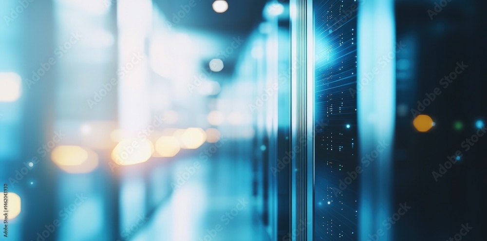 Poster Abstract image of glowing server panels in a data center with light trails, perfect for cloud technology ads, web hosting, and modern IT infrastructure designs