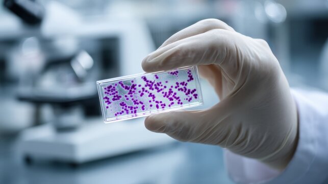 Gram stain process. A hand holding a microscope slide with sample under laboratory conditions.