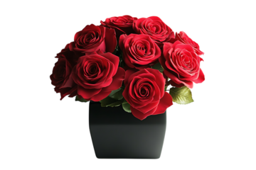 Red Roses Bouquet in Black Vase on Transparent Background