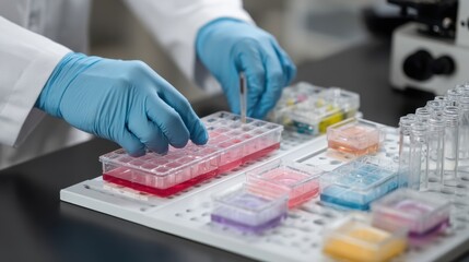 Gram stain process. Laboratory research with gloved hands handling colorful samples in test plates.