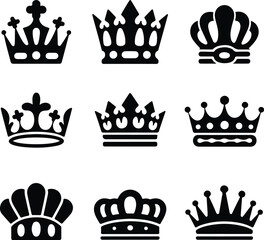 Royal Crown Silhouette Set | King & Queen Vector Icons Elegant Crown Silhouettes | Royalty Emblem Designs
