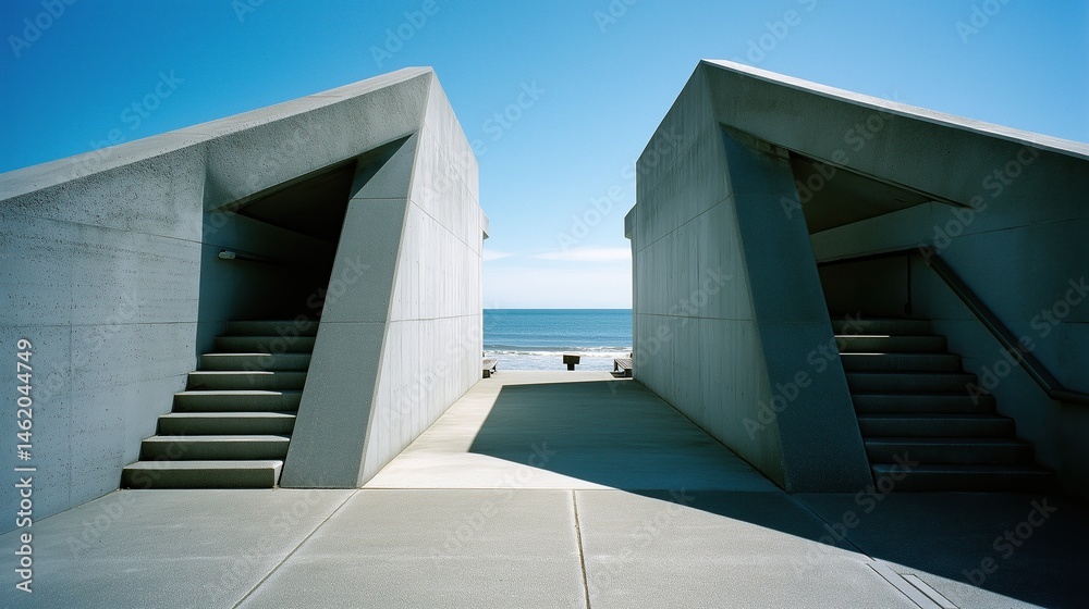 Poster modernist concrete structure with geometric shadows overlooking a calm ocean under clear blue sky