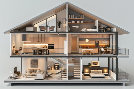 Detailed cutaway view of a modern, multi-level house interior.