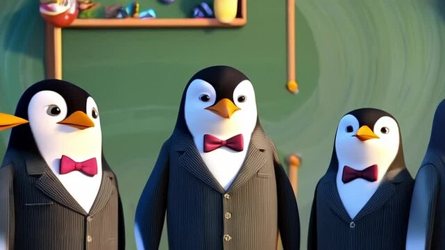 Penguins Cartoon Character Wearing Pinstripe Suits and Red Bow Tie in Green Background Illustration Animation for Children Education and Celebrate World Penguin Day