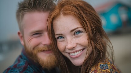 Fototapeta premium A happy young redhead woman and her bearded boyfriend smile warmly for a close-up portrait outside.