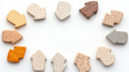 Colorful Wooden Arrow Shapes Arranged in a Circle on a White Background for Creative Design and Visual Communication