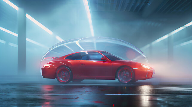 Car covered by protective dome insurance cover illustration  policy protection. Car insurance risk management concept 