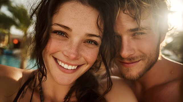 A happy young couple smiles warmly for a close-up selfie portrait at a tropical resort poolside du sunset.