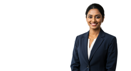 Confident Young South Asian Woman in Business Attire, Standing Solo Against a Dark Background, Radiating Professionalism and Approachability in a Corporate Environment