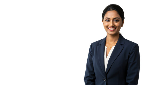 Confident Young South Asian Woman in Business Attire, Standing Solo Against a Dark Background, Radiating Professionalism and Approachability in a Corporate Environment