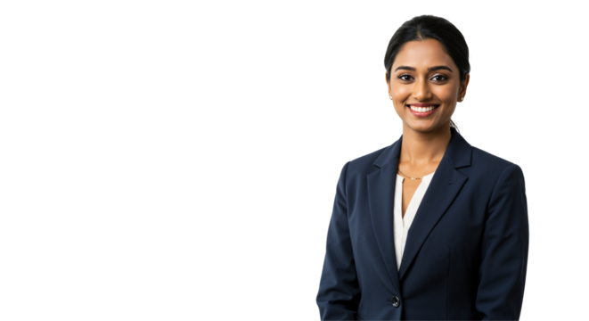 Confident Young South Asian Woman in Business Attire, Standing Solo Against a Dark Background, Radiating Professionalism and Approachability in a Corporate Environment