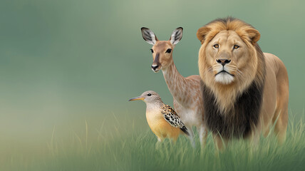 Realistic digital illustration of lion, deer, and bird standing together on green grass with soft green background, showcasing detailed fur and feathers in calm scene