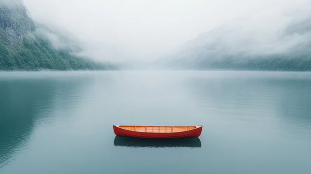 Serene red rowboat floats still in foggy waters, surrounded by misty mountains