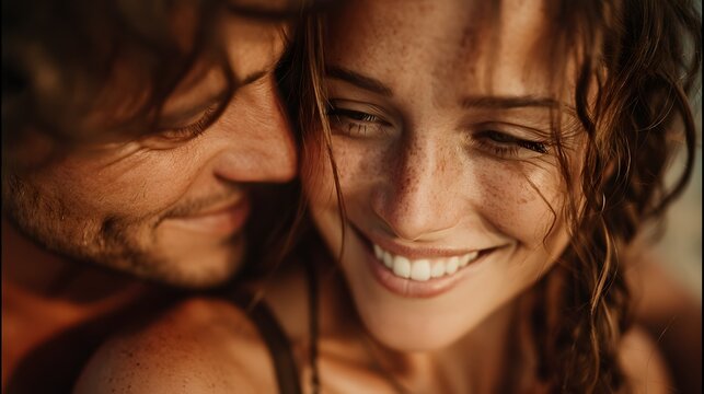 A close-up portrait shows a happy couple embracing intimately outdoors bathed in warm sunlight showcasing genuine affection and intimacy.