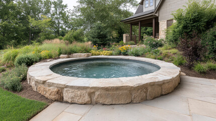 Relaxing spa pool surrounded by lush greenery and vibrant flowers in serene garden setting