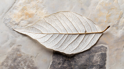 Artistic Leaf on Stone: A close-up shot of an intricate leaf skeleton delicately resting on a textured stone surface, the artistic elegance of nature's design is revealed in this captivating image.