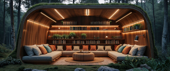 Naklejka premium Cozy woodland reading nook featuring plush seating built in a wooden structure surrounded by lush greenery and bookshelves