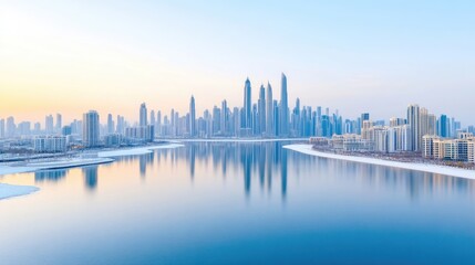 Obraz premium Modern skyscrapers reflecting on calm water at sunset, urban cityscape with clear sky, serene and futuristic architecture, and panoramic view.