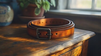 A close-up of a rolled brown leather belt with a metallic buckle on a wooden table.