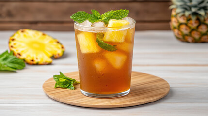 Fototapeta premium Refreshing tropical cold brew tea with pineapple, mint, and ice