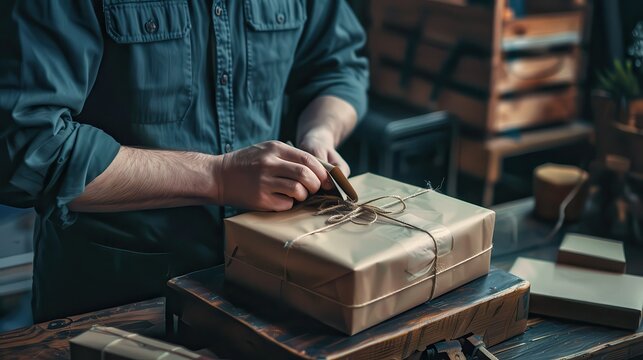 Man tying a brown paper package with string on a wooden table in a rustic setting indoors with care