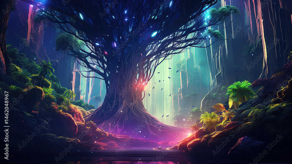 Poster neon-lit tree in a mystical jungle with glowing light and vibrant reflections