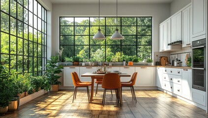Fototapeta premium Bright, modern kitchen with large windows overlooking lush greenery.