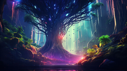Neon-lit tree in a mystical jungle with glowing light and vibrant reflections