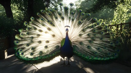 Obraz premium Majestic peacock displaying its radiant plumage in dappled sunlight.