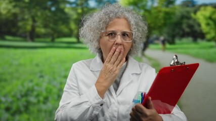 Elderly woman in a park analyzing data on a red clipboard wearing a white coat with a thoughtful expression surrounded by a lush green outdoor setting. - Powered by Adobe