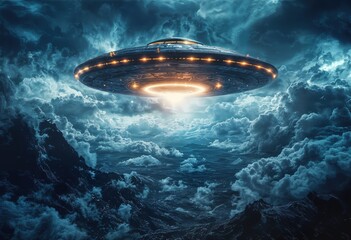 a glowing ufo hovers above a turbulent ocean shrouded in dark, dramatic clouds, emitting a powerful beam of light.