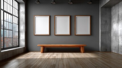Fototapeta premium Modern art gallery interior featuring empty frames and wooden bench near large window