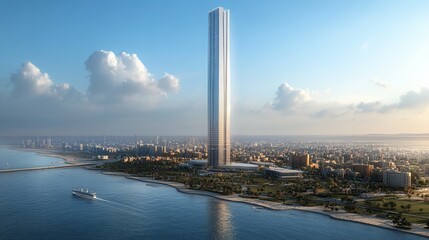 Obraz premium Coastal Cityscape with Soaring Skyscraper