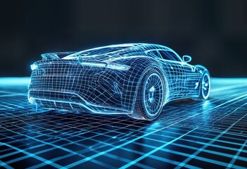 a futuristic sports car rendered in glowing blue wireframe appears on a grid-patterned surface with a dark background.