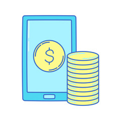 Mobile Payment Doodle style, smartphone screen with coin icon and stacks, great for fintech, digital banking, or online payment designs.
