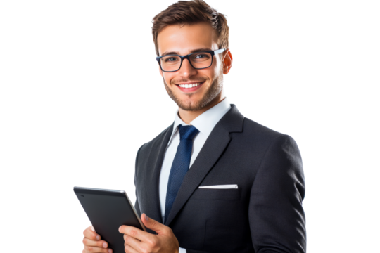 Professional businessman wearing glasses holding a tablet, smiling nicely, business concept