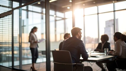 Professional group meeting action in urban office environment with blurred background