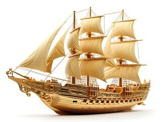 Golden Galleon: A meticulously crafted golden galleon, resplendent in its nautical glory, is presented against a clean backdrop, embodying themes of luxury, adventure, and maritime heritage.