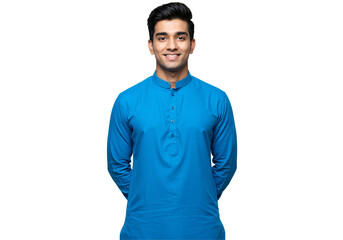 Obraz premium Young South Asian Male Smiling in a Vibrant Blue Kurta, Displaying Traditional Attire Against a Black Background for Portrait Photography