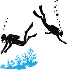 Hand-drawn scuba diver silhouettes vector illustration depicts a scuba diver 